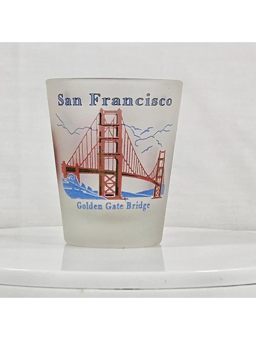 Vintage San Francisco Frosted Shot Glass Golden Gate Bridge Cable Car Souvenir
